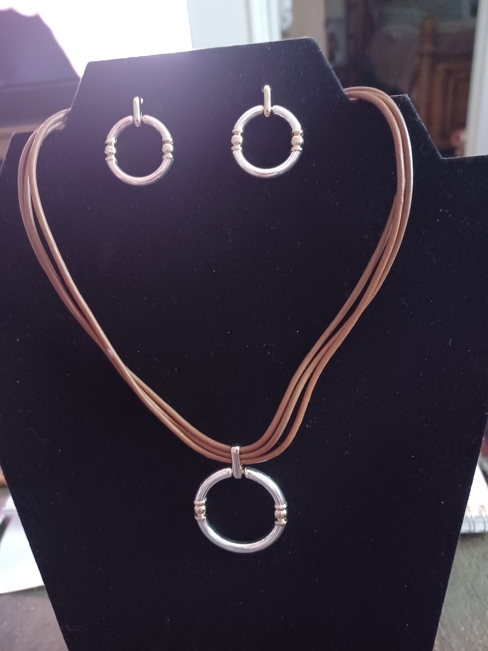 Ralph Lauren Brown Leather With Silver Circle Pendant Necklace and Earrings Set